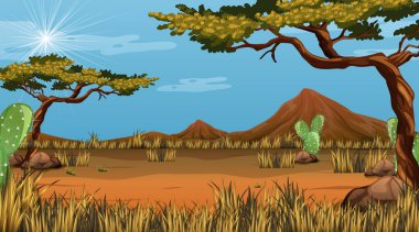 Çöl ormanlarının gündüz manzarasında çeşitli çöl bitkilerinin çizimleri var.