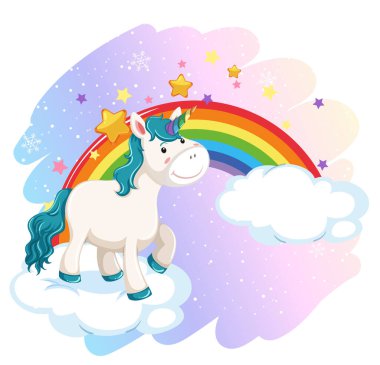 Gökyüzünde gökkuşağı resimli şirin tek boynuzlu at.