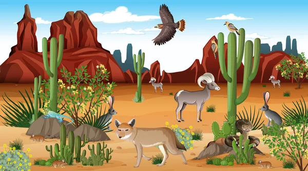 带野生动物图解的白天沙漠森林景观 — 图库矢量图片