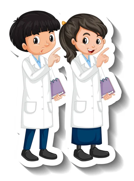 Scientifique Couple Enfants Dessin Animé Personnage Autocollant Illustration — Image vectorielle