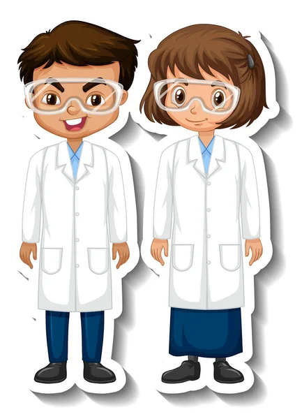 Scientist Couple Kids Cartoon Character Sticker Illustration — Stock Vector