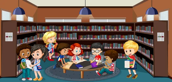 Interiér Školní Knihovny Skupinovou Ilustrací Pro Děti — Stockový vektor