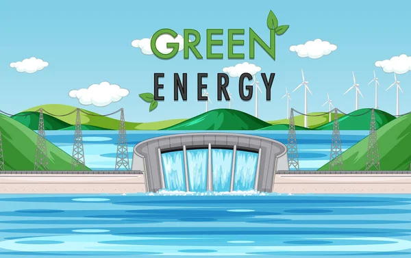 Usinas Hidrelétricas Geram Eletricidade Com Ilustração Banner Verde —  Vetores de Stock