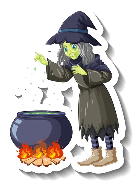 Старая Ведьма Пивоварения Зелье Горшок Мультяшный Персонаж Наклейки — стоковый вектор