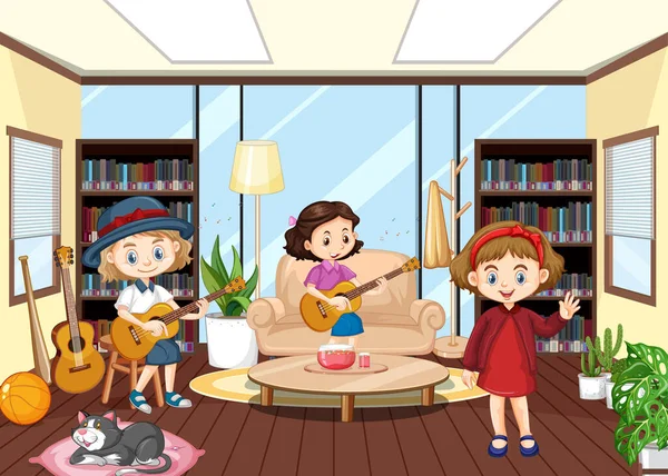 Innenraum Des Wohnzimmers Mit Kindern Illustration — Stockvektor