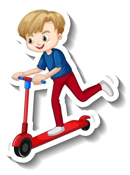 Boy Rides Scooter Cartoon Sticker Illustration — Stock Vector