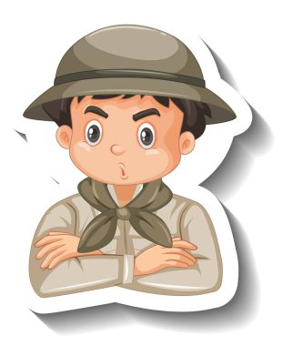 Çocuk safari kıyafeti giyiyor. Çizgi film karakteri çıkartması.