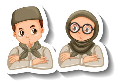 Birkaç Müslüman çocuk safari kıyafeti giyiyor. Karakter çıkartması çizimleri.