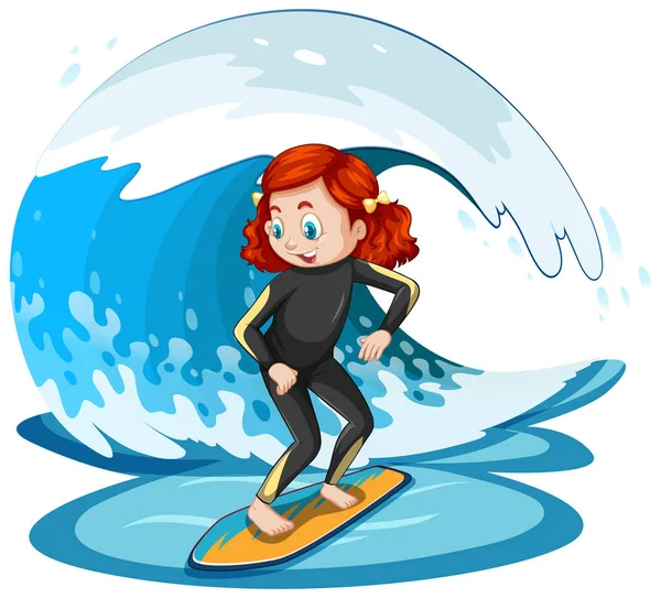 Mädchen Steht Auf Einem Surfbrett Mit Wasserwelle Illustration — Stockvektor