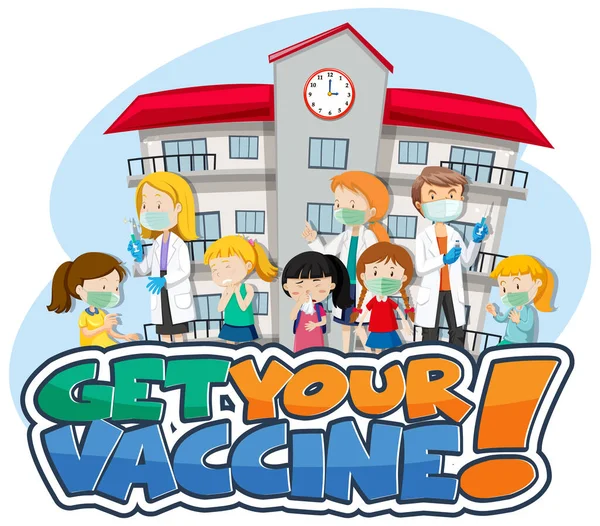 子供や医師とあなたのワクチンフォントバナーを取得漫画のキャラクターイラスト — ストックベクタ