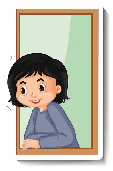 Chica Mirando Por Ventana Dibujos Animados Pegatina Ilustración — Vector de stock