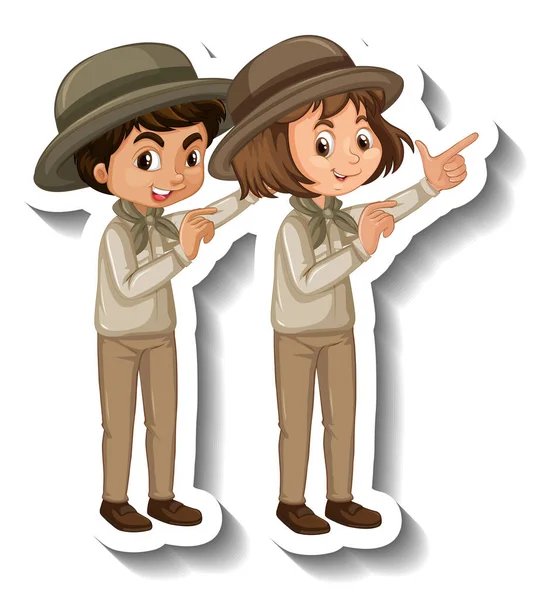 Couple Enfants Portent Safari Tenue Personnage Dessin Animé Autocollant Illustration — Image vectorielle
