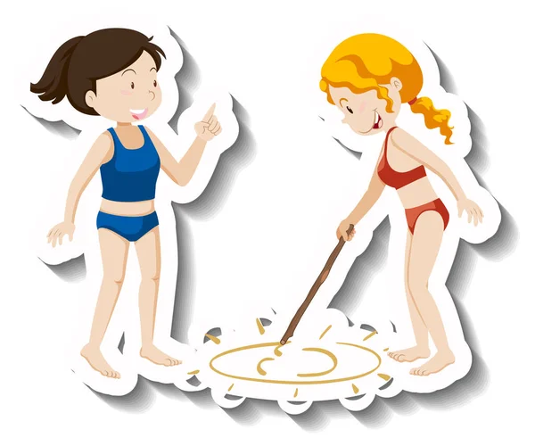 Two Girls Drawing Sand Cartoon Sticker Illustration — Stock Vector