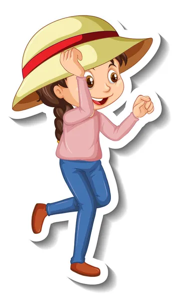 Girl Wears Hat Cartoon Character Sticker Illustration — Stock Vector