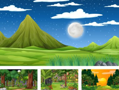 Vahşi hayvanların resmedildiği orman ve yağmur ormanlarının farklı doğa görüntüleri.