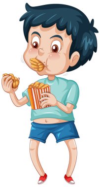 Beyaz arkaplanda fast food yiyen bir çocuk.
