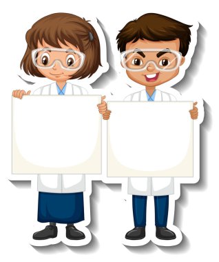 Bilim adamı çift çocukları ellerinde boş çizgi film karakteri çıkartmaları tutuyorlar.