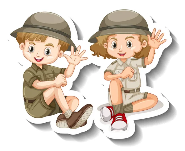 Paar Kinderen Dragen Safari Outfit Cartoon Karakter Sticker Illustratie — Stockvector