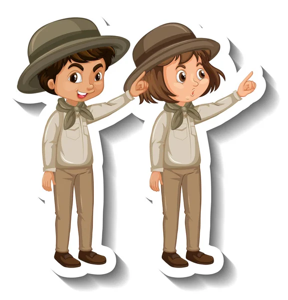 Couple Kids Wear Safari Outfit Cartoon Character Sticker Illustration — Stock Vector