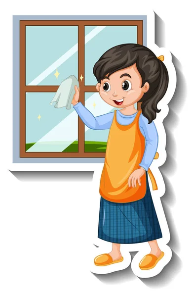Hausmädchen Putzt Fensterhaus Auf Weißem Hintergrund Illustration — Stockvektor