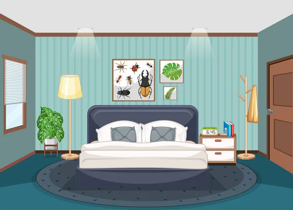 家具のイラストと空のベッドルームのインテリアデザイン — ストックベクタ