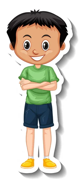 Chlapec Nosí Zelené Tričko Kreslený Znak Nálepka Ilustrace — Stockový vektor