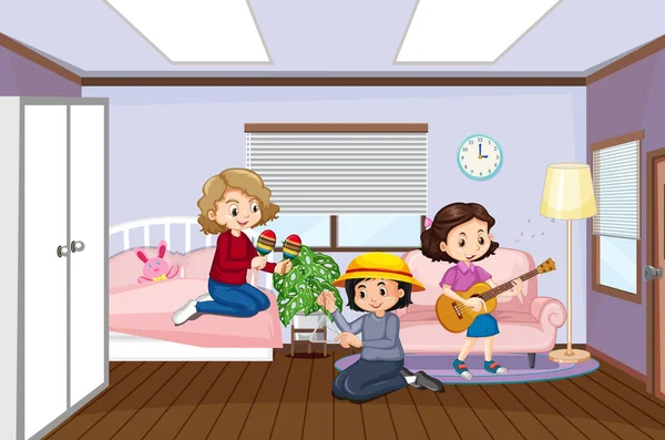 Interior Del Dormitorio Con Ilustración Personajes Dibujos Animados Para Niños — Vector de stock