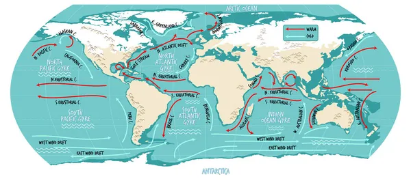 海洋当前的世界地图 附有地名说明 — 图库矢量图片