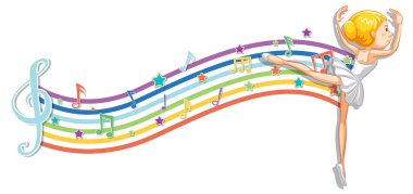 Gökkuşağı dalga resimlerinde melodi sembolleri olan balerin.