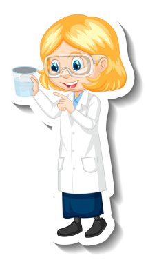 Çizgi film karakteri çıkartması. Üzerinde bilim elbisesi resimli bir kız var.