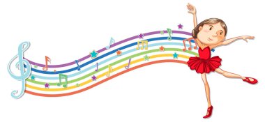Gökkuşağı dalga resimlerinde melodi sembolleri olan balerin.