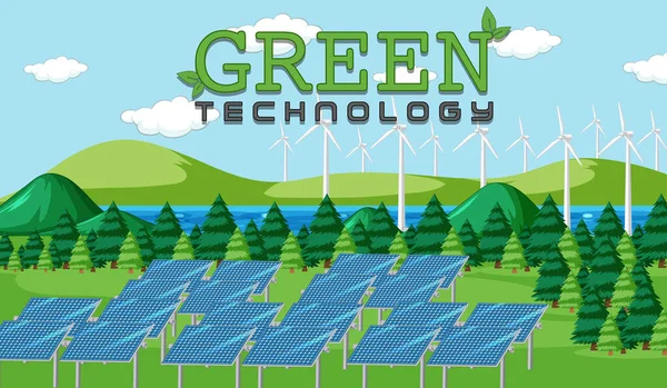 Grön Energi Från Vindkraftverk Och Solpaneler Illustration — Stock vektor