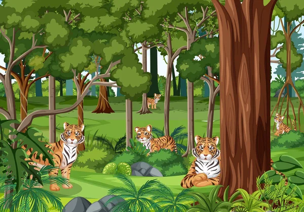 Familia Tigres Paisaje Forestal Fondo Ilustración — Archivo Imágenes Vectoriales