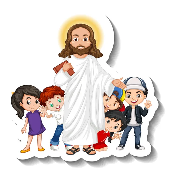 Jesus Cristo Com Crianças Grupo Adesivo Fundo Branco Ilustração — Vetor de Stock