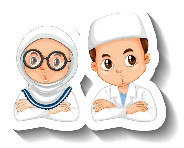 科学家穆斯林夫妇孩子卡通人物贴纸插图 — 图库矢量图片
