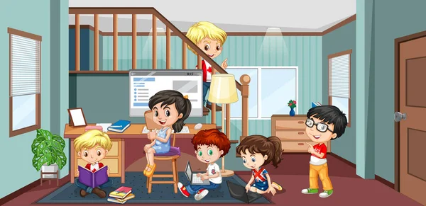 Crianças Fazendo Seus Trabalhos Casa Casa Ilustração —  Vetores de Stock