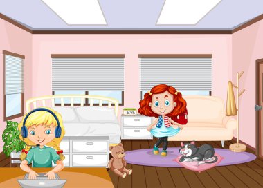 Çocuk çizgi film karakteri çizimleriyle dolu yatak odasının içi