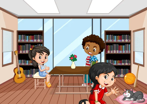 Biblioteca Interior Con Ilustración Para Niños — Vector de stock