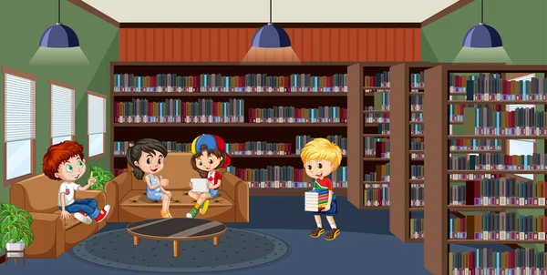 Biblioteca Escolar Interior Con Ilustración Grupal Para Niños — Archivo Imágenes Vectoriales