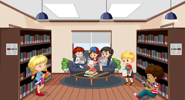 Παιδιά Ανάγνωση Βιβλίων Στη Σχολική Βιβλιοθήκη Εικονογράφηση — Διανυσματικό Αρχείο