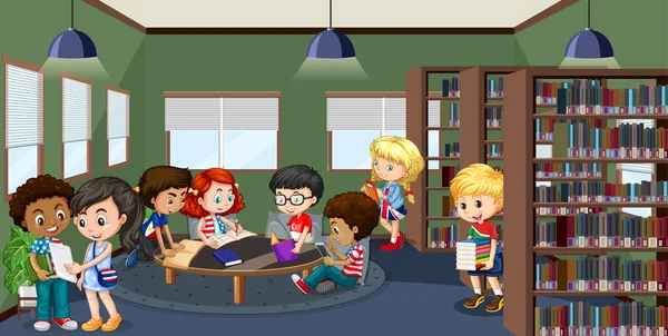 Biblioteca Escolar Interior Com Crianças Grupo Ilustração —  Vetores de Stock