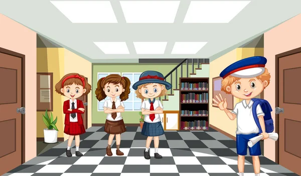 School Scene Met Studenten Cartoon Karakter Illustratie — Stockvector