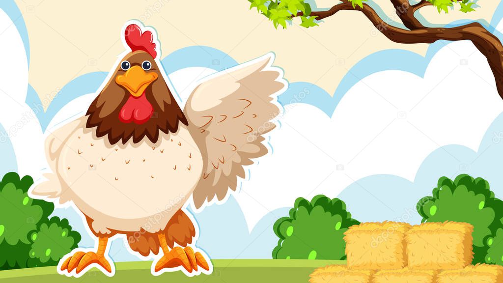 Thumbnail design with chicken on farm background illustration