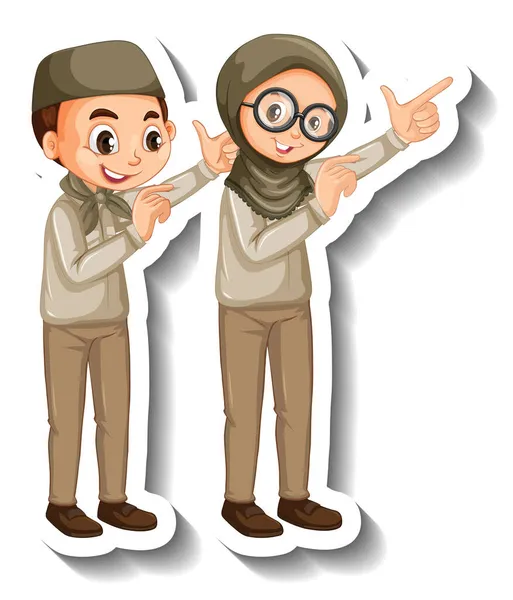一对穆斯林孩子穿着旅行服装卡通人物贴纸插图 — 图库矢量图片