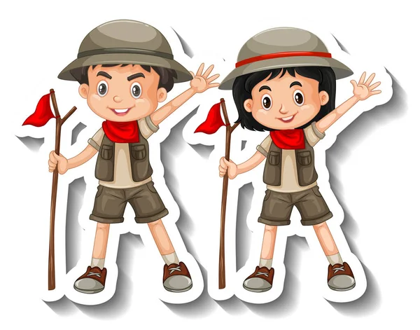 Μερικά Παιδιά Φορούν Στολή Σαφάρι Εικονογράφηση Αυτοκόλλητου Χαρακτήρα Κινουμένων Σχεδίων — Διανυσματικό Αρχείο