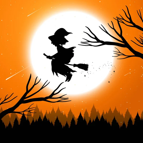 魔女のシルエットのイラストとハロウィンの夜の背景 — ストックベクタ