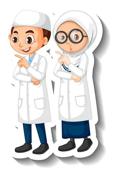 Cientista Muçulmano Casal Crianças Desenho Animado Personagem Adesivo Ilustração —  Vetores de Stock