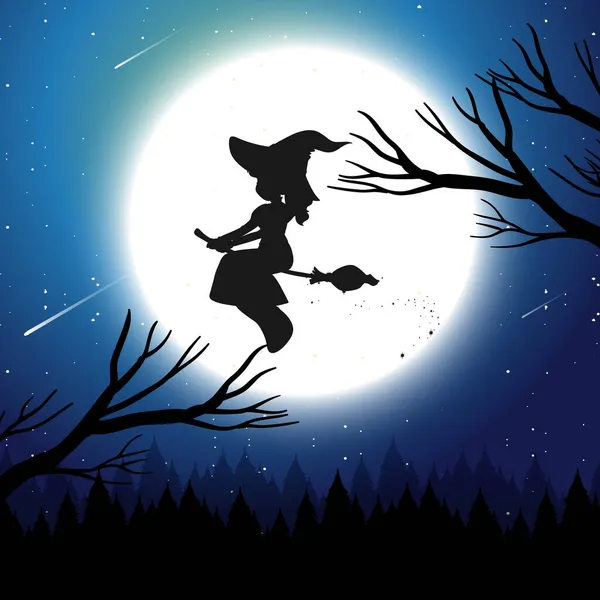 Fondo Noche Halloween Con Silueta Bruja Ilustración — Vector de stock