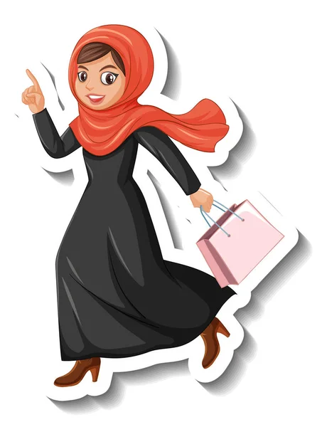 Karakter Kartun Stiker Dari Wanita Muslim Memegang Tas Belanja Pada - Stok Vektor