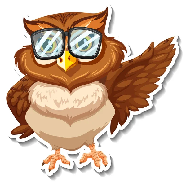 Coruja Pássaro Vestindo Óculos Animal Desenho Animado Etiqueta Ilustração —  Vetores de Stock